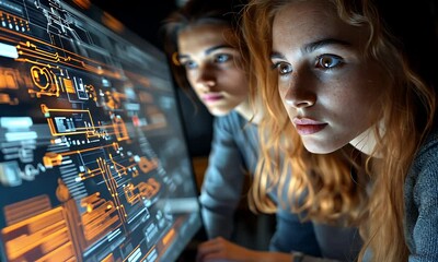 Two young women intently viewing complex tech interfaces on a large monitor screen