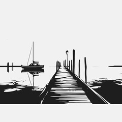 Wall Mural - dock boat water pier lake landscape ocean sea travel nature horizon scenic calm reflection monochrom
