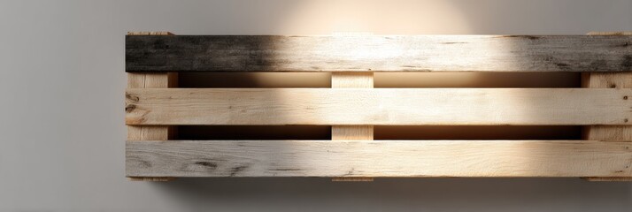 Poster - Wooden Planks on a Pallet Under Neutral Lighting With an Empty Right Third Creating a Minimalistic Aesthetic in an Indoor Setting