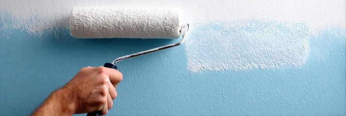 Poster - Worker Using Roller to Paint Wall in Light Blue Color With Clear Margin Left on Surface