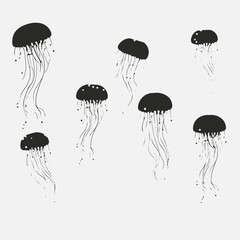Wall Mural - jellyfish black and white ocean sea marine life underwater aquatic animal tentacle illustration desi