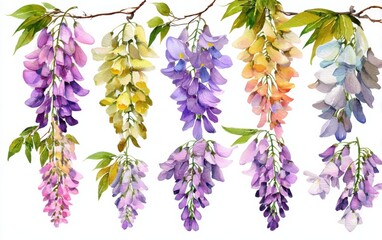 Poster - Watercolor Wisteria Flowers in Pastel Colors, Ideal for Springtime Greetings and Wedding Invitations : Generative AI