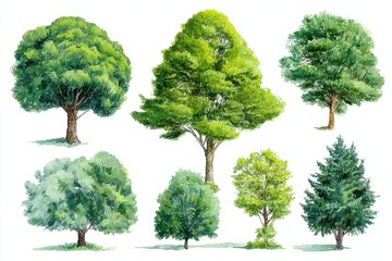 Poster - Watercolor Painting of Various Trees on White Background, Ideal for Nature Education and Environmental Awareness Campaigns : Generative AI