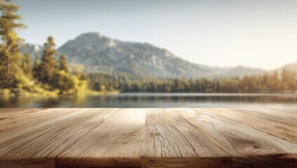 Poster - Rustic Wooden Table Overlooking Serene Lake and Mountain Scenery, Ideal for Product Placement and Outdoor Advertising Campaigns : Generative AI