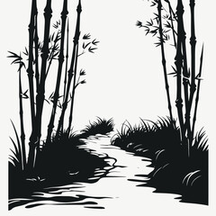 Wall Mural - bamboo forest path landscape monochrome nature scenery zen tranquility asian black and white design 