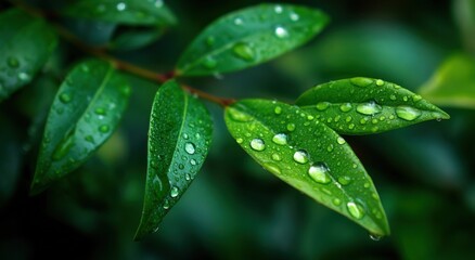 Aufkleber - Fresh Green Leaves Covered in Water Droplets, Symbolizing Growth and Environmental Awareness for Sustainability Initiatives : Generative AI