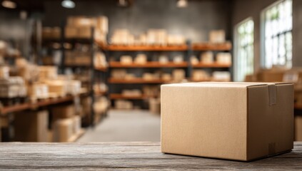 Aufkleber - Cardboard Box on Wooden Table in Warehouse, Representing Supply Chain Management and E-Commerce Fulfillment Services : Generative AI