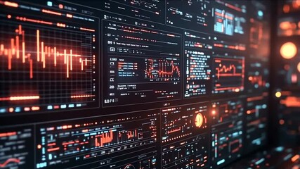 Complex glowing data visualizations on digital screens