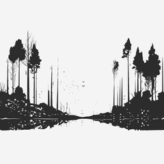 Wall Mural - black white landscape forest trees reflection water nature scenic monochrome woods minimal artwork d