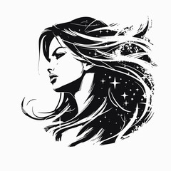 Wall Mural - woman face portrait illustration drawing black and white hair stars galaxy cosmic ethereal beauty ar