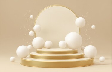 Aufkleber - Elegant Beige Podium With Golden Accents and Floating Spheres, Ideal for Product Showcase and Luxury Brand Marketing : Generative AI