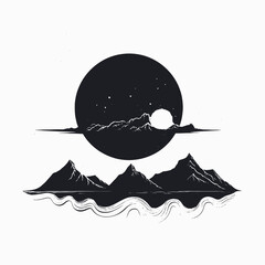 Wall Mural - black and white mountain range landscape with sun moon stars and water nature scenic art illustratio