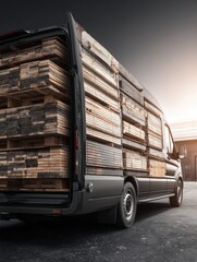 Poster - Logistics Van Side View Loaded With Wooden Planks in an Industrial Area at Dawn