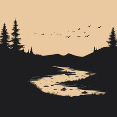 Wall Mural - landscape sunset mountains river trees birds nature scenery tranquil peaceful serene beautiful vecto