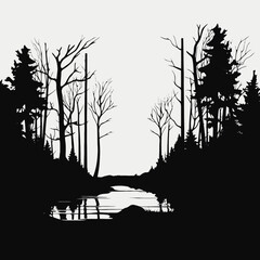 Wall Mural - Black white forest trees landscape nature water reflection monochrome scenic woods silhouette dark light outdoor