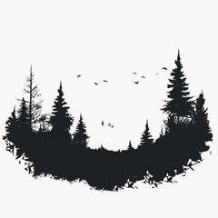 Wall Mural - forest trees landscape nature mountains black white birds silhouette scenic misty woods outdoors art