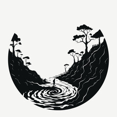 Wall Mural - landscape river trees clouds monochrome nature silhouette art scenic journey wanderlust illustration