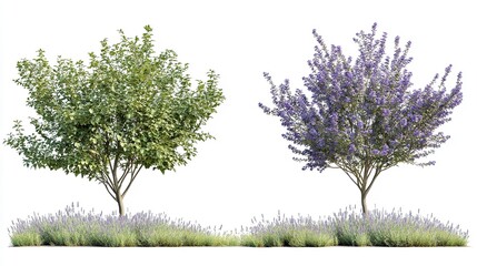 Isolated trees with green foliage and purple flowers landscaping design for garden park outdoor decor