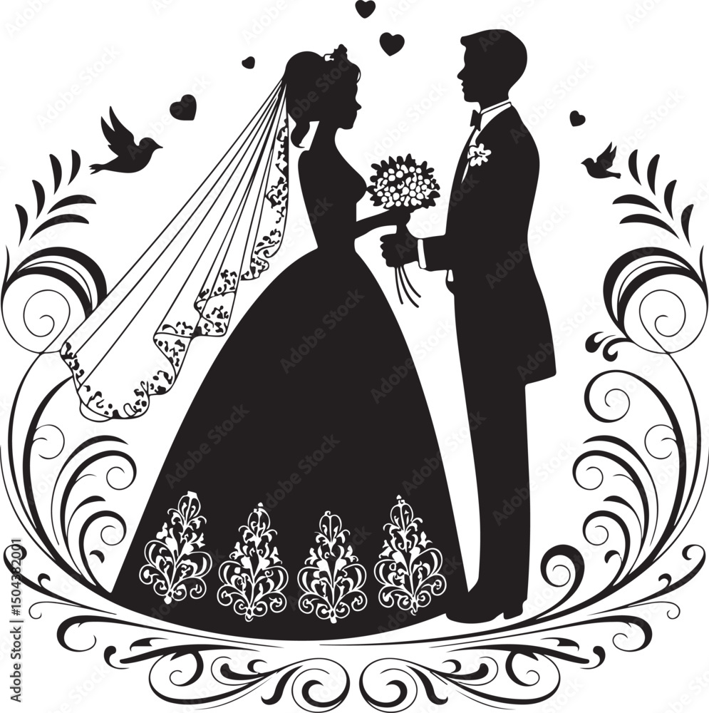 Bride and Groom Silhouette Vector – Romantic Wedding Couple SVG Clipart Set  Wedding Couple SVG Bundle – Bride, image size:995x1000