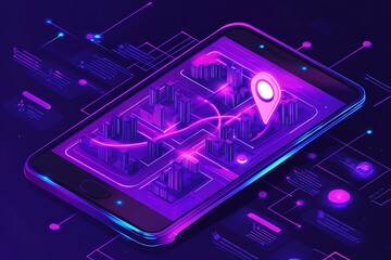 Wall Mural - Isometric city map on smartphone screen, glowing neon lines, navigation pin, futuristic digital network.