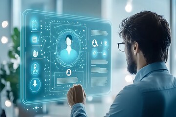 Wall Mural - Man interacts with futuristic holographic interface, profile data display.