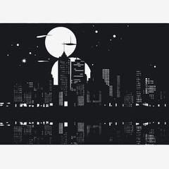 Wall Mural - cityscape skyline buildings silhouette night moon stars reflection urban architecture dark monochrom