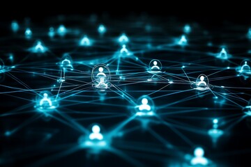 Wall Mural - Connected Network: Glowing Human Icons, Digital Web, Interlinked Nodes on Dark Background.