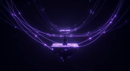 Man on floating platform connected by glowing lines to abstract digital network, representing artificial intelligence.