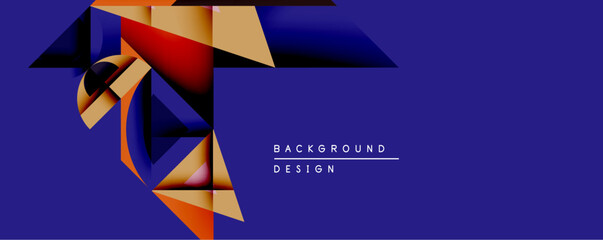 Fototapete - Abstract geometric shapes overlap, creating dynamic composition. Warm tones contrast with deep blue background. Modern design evokes energy, movement, visual interest.