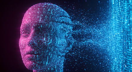 Wall Mural - abstract rendering of a human head made of glowing data, dissolving into blue and pink digital parti