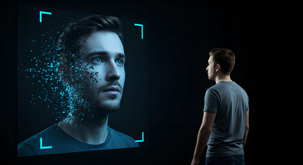 man looking at his digital avatar on display. concept of metaverse, virtual reality, deepfake techno
