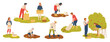 © Flash Vector - Local farm production of organic food, farming and agriculture set. Agricultural works of farmers, people grow vegetables, pick garden fruits, sell harvest at farm market cartoon vector illustration