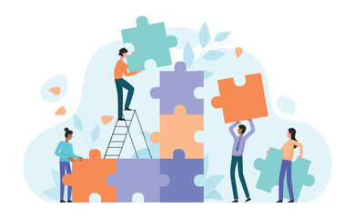 Teamwork cooperation to connect puzzle solution, success unity of corporate employees. Tiny people holding jigsaw piece to fit and match in tower creative project together cartoon vector illustration