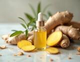 Aromatic ginger root extract serum with earthy tones natural ingredients for skincare. Beauty product design, natural remedy. Herbal oil in dropper bottle with ginger slices. Promoting healthy skin