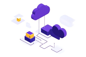 Wall Mural - Abstract Isometric: Purple Clouds, Server Stack, and Data Flow.