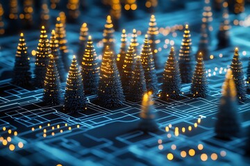 Wall Mural - Circuit Board Forest: Miniature Conical Structures with Golden Illumination.