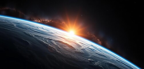 Wall Mural - Earth's sunrise over a swirling galaxy backdrop, viewed from space, design, artwork