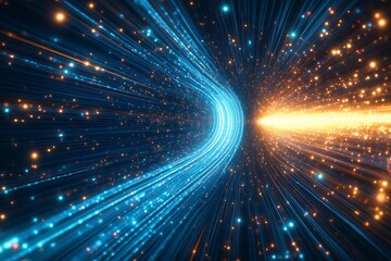 Wall Mural - converging streams: digital data flow, blue and gold light trails, abstract tunnel.