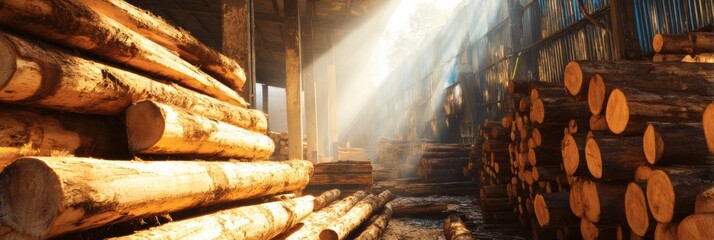 Leinwandbilder - Sunlight Beams Illuminating Timber Logs Stacked in a Warehouse During the Day
