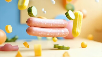 Sausages and pickles floating in abstract space
