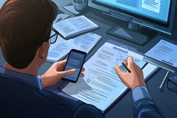 Wall Mural - Office worker with phone, reviewing document, digital illustration.