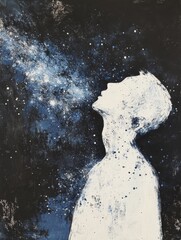 Wall Mural - an abstract figure looking toward the stars, painted in soft white and midnight blue, representing w
