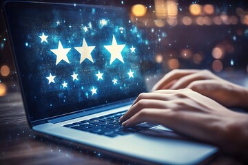Wall Mural - typing on laptop with glowing star rating overlay