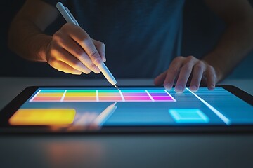 Wall Mural - digital artist's palette: hand with stylus on tablet displaying vibrant color swatches, low light.