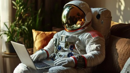 Wall Mural - astronaut using laptop in space suit, use as background for science or technology related projects