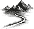 © labirint - Artistic black and white illustration of mountains with winding path. Vector illustration