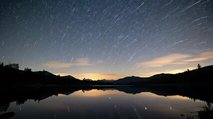 Mesmerizing Star Trails in Long Exposure, Blue and White Streaks Across the Night Sky, Reflecting Over a Calm Lake with Mountain Silhouettes