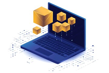 Wall Mural - Isometric Laptop with Golden Geometric Forms and Network Data Stream.