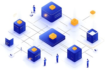 Wall Mural - Isometric Network: Interconnected Blue Cubes, Abstract Digital Architecture, White Background.