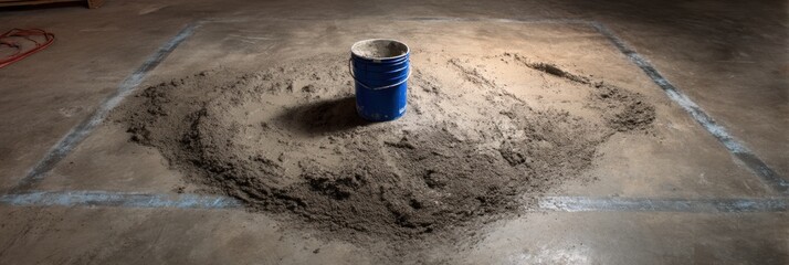 Poster - Sack of Leveling Compound Positioned Near Marked Concrete Base, With Top Section Open to Facilitate Pouring